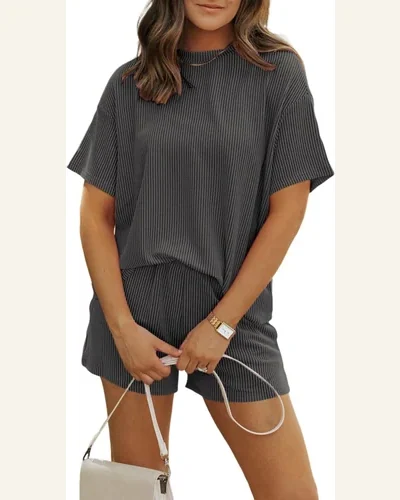 Casual Carbon Grey Ribbed Textured Knit Loose Fit Top, view 1