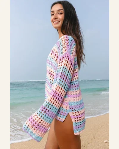 Cover Up Casual Purple Multi Stripe Open Knit Swimsuit, view 3