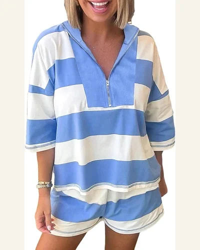 Striped Half Zip Summer 2 Piece Outfit 3/4 Set, view 1