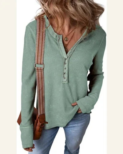 Tunic Tops Casual Acid Wash Waffle Knit Buttoned, view 4