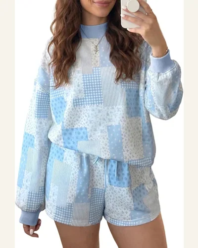 Patchwork Baggy Pullover Drawstring Shorts Matching Set, view 1