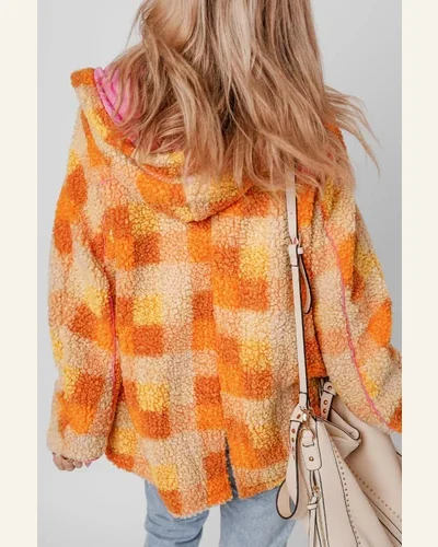 Shacket Jacket Casual Orange Checkered Sherpa Hooded Jacket, view 2