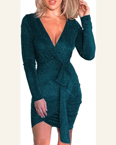 Sparkle Long Sleeve Plunge V Neck Bodycon Dress, view 1