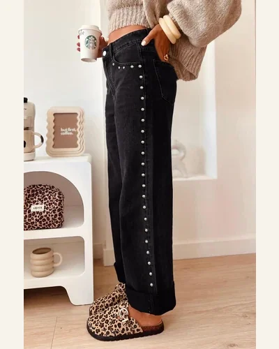 Casual Studded Jeans Straight Wide Leg Pant 4, view 2