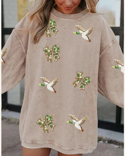 Oversized Sweatshirt Crewneck Sequin Graphic Pullover Tops, view 3