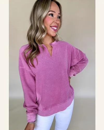 Casual Bright Pink Drop Shoulder Sweatshirts Solid Long, view 4