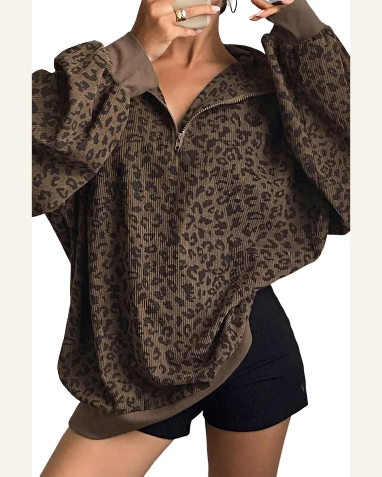 Casual Brown Leopard Print Sweatshirts Quarter Zip Corduroy by SELINK