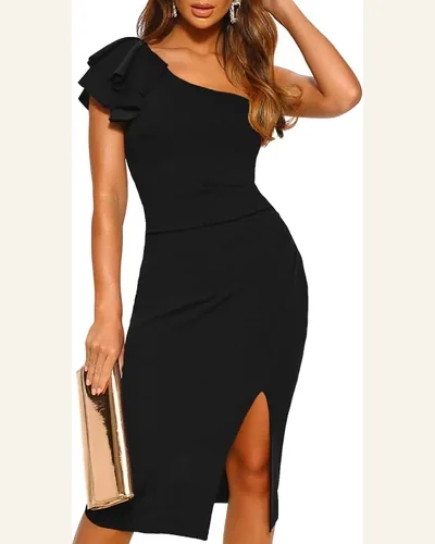 Ruffle One Shoulder Side Split Bodycon Dress Cocktail, view 1