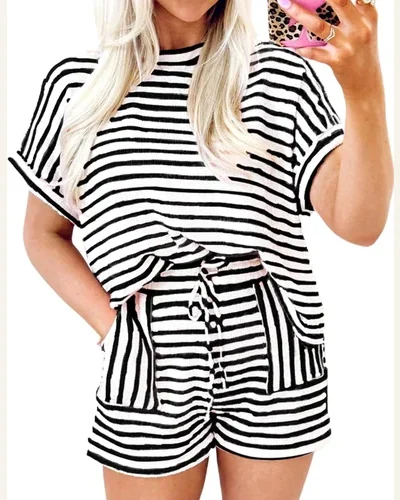Summer 2 Piece Outfits Striped Short Sleeve Top, view 1