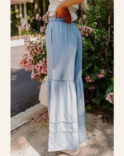 Casual Loose Beau Blue High Waisted Drawstring Jeans, view 2