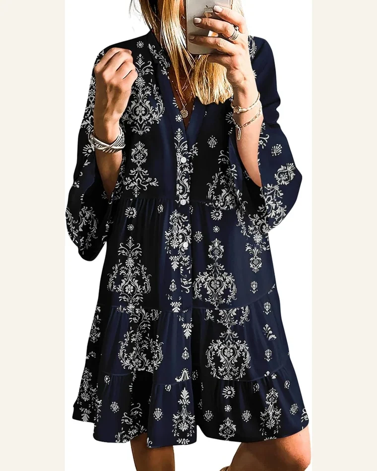 Long Sleeve Dresses Casual V Neck Tribal Mini by SELINK