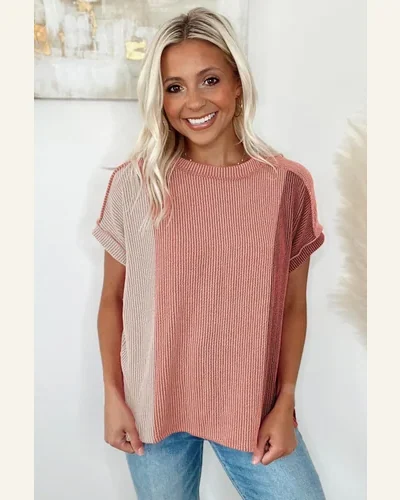 Short Sleeve T Shirt Casual Apricot Pink Textured, view 4
