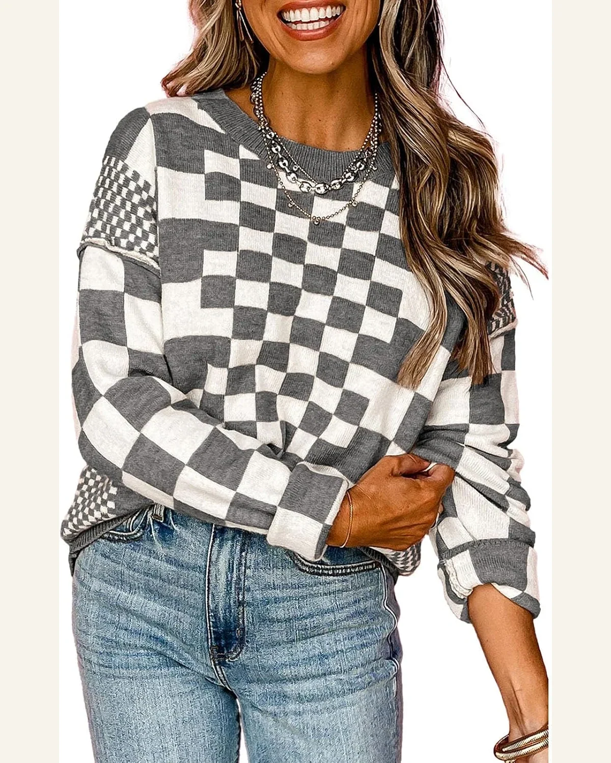 Crewneck Sweaters Long Sleeve Checkered Loose Knitted Pullover by SELINK