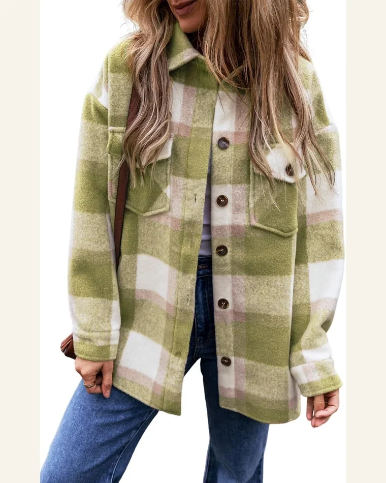 Shacket Jacket Casual Sage Green Plaid Print Buttoned by SELINK
