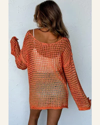 Pullover Sweater Tops Casual Orange Open Knit Crochet, view 2
