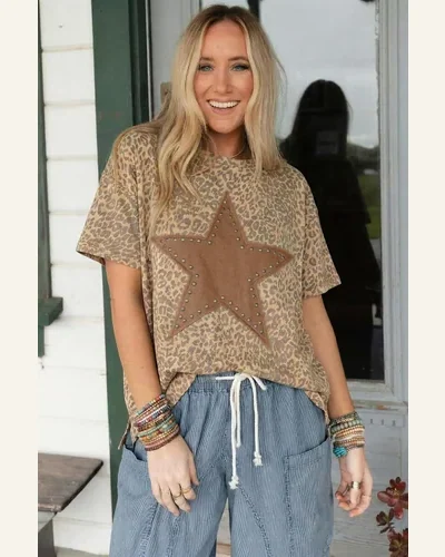 Retro Leopard Print T-Shirt Studded Star Loose Tee, view 3