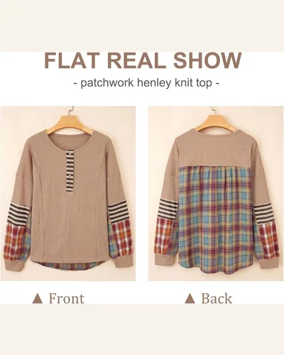 Long Sleeve Henley Shirts Casual Waffle Patchwork Sweatshirts, view 3