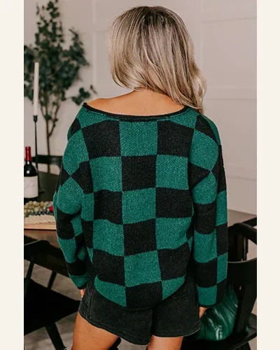 Casual Green Checked Pullover Sweater Tops Notched Neckline, view 2