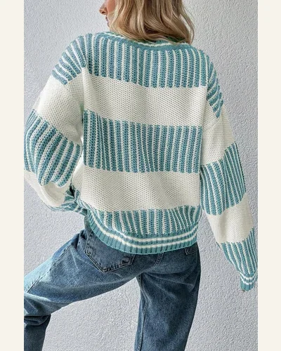 Casual Light Blue Striped Patchwork Drop Shoulder Loose Sweater, view 2