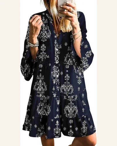 Long Sleeve Dresses Casual V Neck Tribal Mini, view 1
