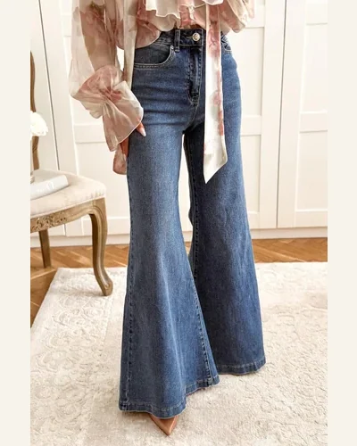 Casual High Waisted Jeans Dirty Blue Button Daily, view 2