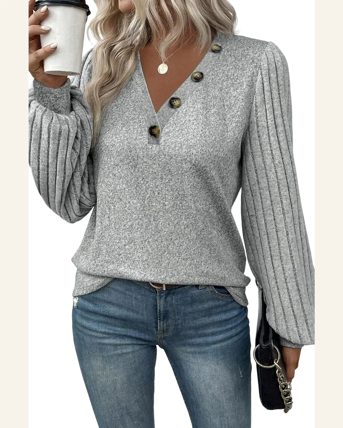 Tunic Tops Casual Light Grey Buttoned V Neck by SELINK