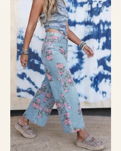 High Waisted Jeans Sky Blue Garden Floral Bootcut, view 4