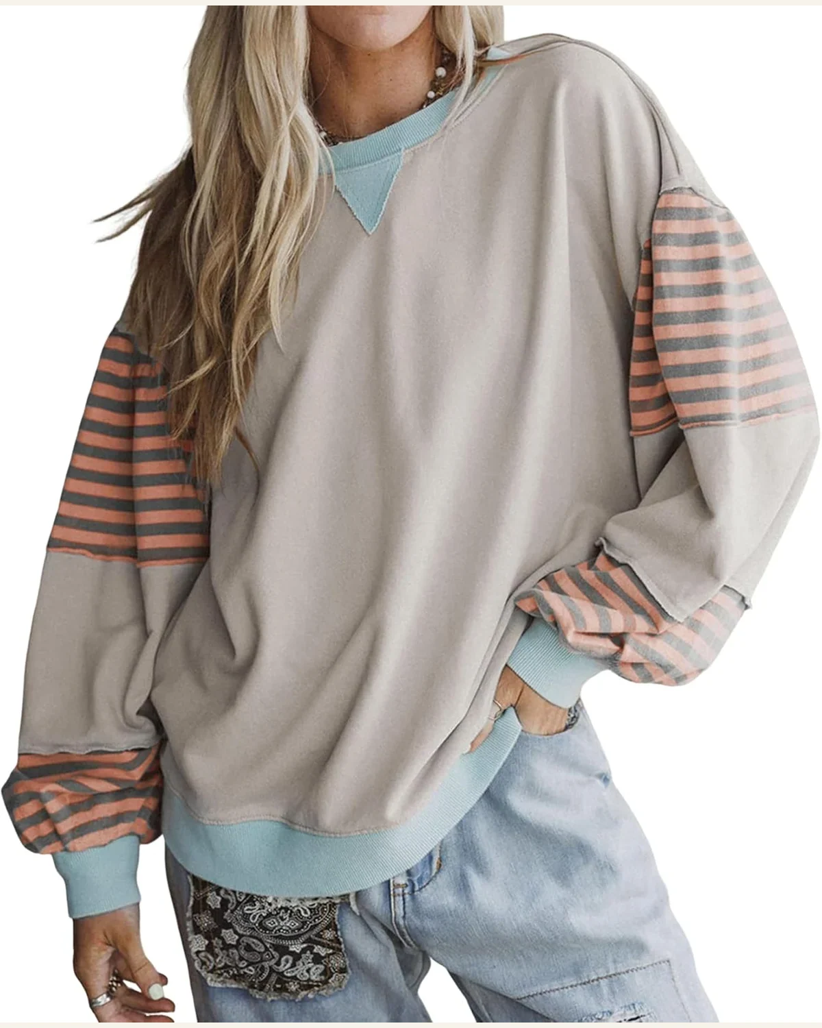 Striped Oversized Sweatshirt Color Block Crewneck Long Sleeve by SELINK