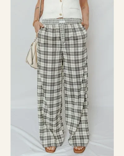 Casual Loose Gray Plaid Wide Leg Pants Elastic, view 3
