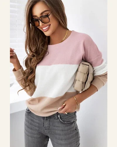 Tunic Tops Casual Pink Colorblock Waffle Knit Long, view 4