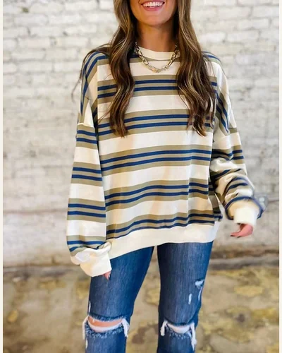 Oversized Sweatshirt Striped Crewneck Long Sleeve Shirts Casual, view 3