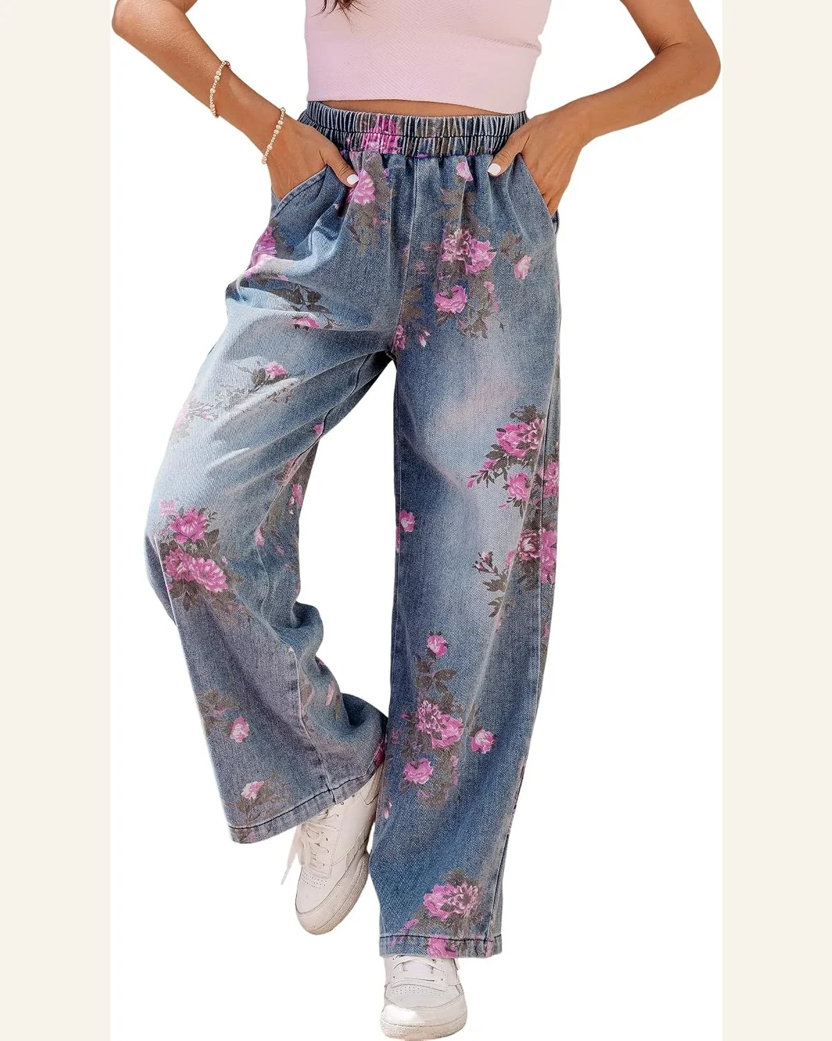 High Waisted Jeans Beau Blue Floral Elastic Waist by SELINK