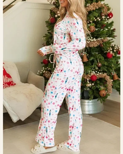 Christmas Pajamas Santa Claus Striped Print Long Sleeve Set, view 2