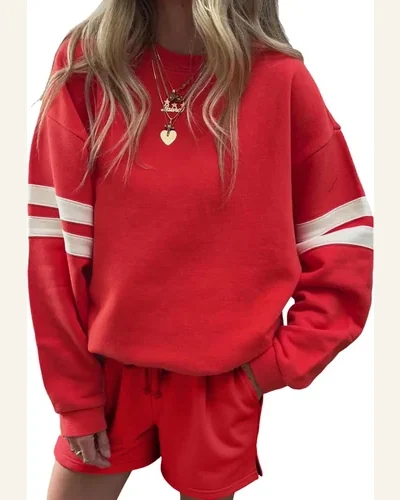 Two Piece Short Set Varsity Striped Drop Shoulder, view 3