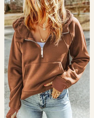 Hoodies Cropped Half Zip Pullover Thumb Hole Long, view 3