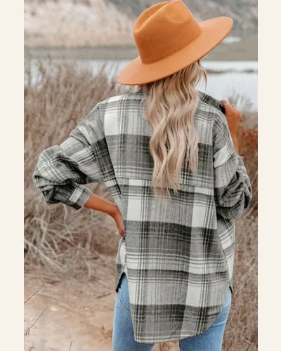 Shacket Jacket Casual Medium Grey Plaid Flap Pockets, view 2