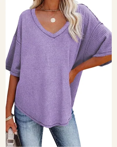 Waffle Knit Tops Casual V Neck Textured Shirts, view 4