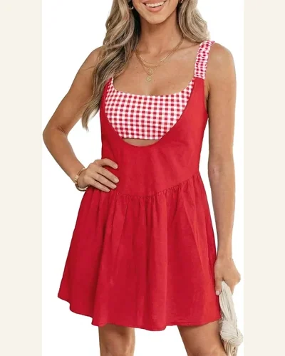 Summer Dresses 2 Piece Gingham Contrast Patchwork Mini, view 4