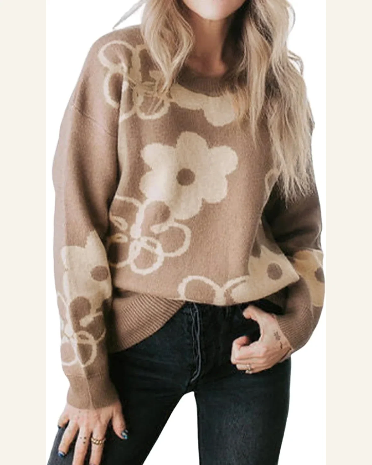 Pullover Sweater Tops Basic Camel Floral Drop Shoulder by SELINK