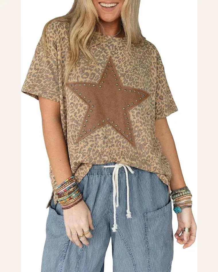 Retro Leopard Print T-Shirt Studded Star Loose Tee by SELINK