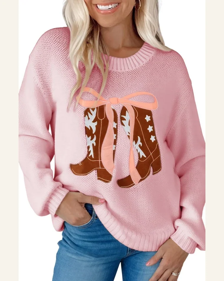 Casual Pink Embroidered Bow Boots Pullover Sweater Graphic by SELINK
