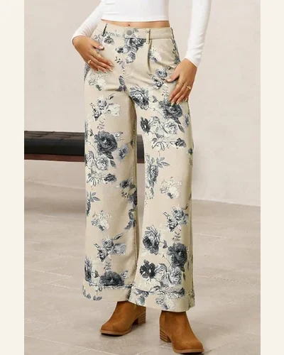 High Waisted Jeans Beige Vintage Floral Turn-up Cuffed, view 3