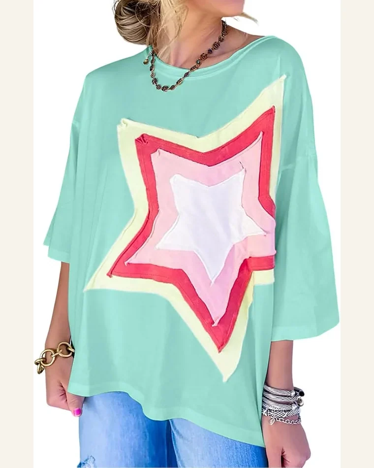 Oversized T Shirts Half Sleeve Colorblock Star Patched by SELINK