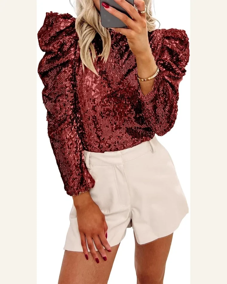 Tunic Tops Casual Burgundy Sequin Mock Neck Bubble by SELINK