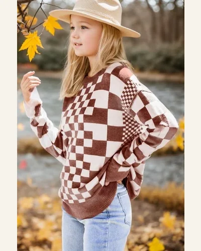 Girls Long Sleeve Sweaters Checkered Print Drop Shoulder, view 3