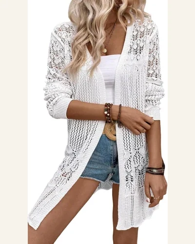 Cardigan Sweater Casual White Crochet Hollow Out Open, view 1
