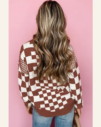 Girls Long Sleeve Sweaters Checkered Print Drop Shoulder, view 4