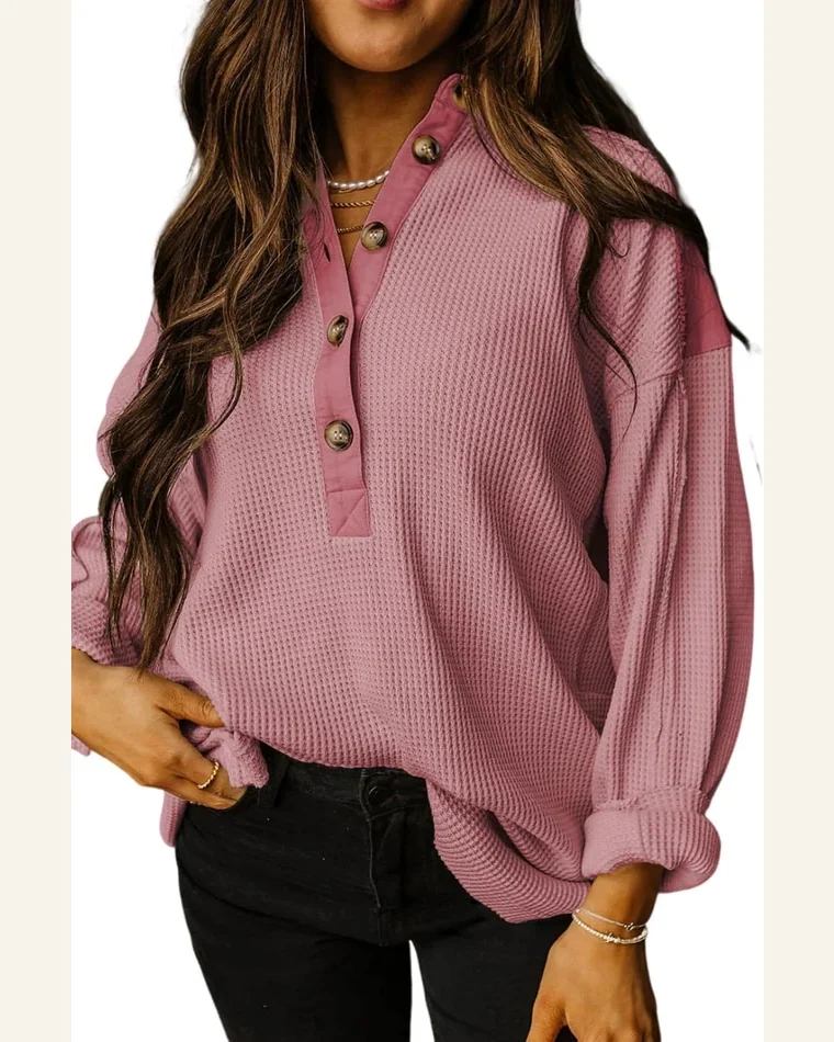 Tunic Tops Casual Pink Waffle Long Sleeve Collar by SELINK