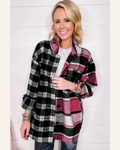 Shacket Jacket Casual Black Plaid Colorblock Loose Shacket, view 4