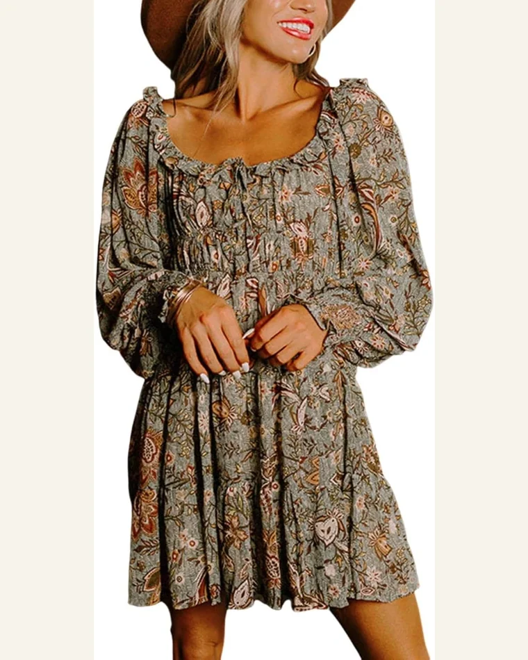 Fall Dresses Elegant Multicolour Floral Long Sleeve Frilled by SELINK